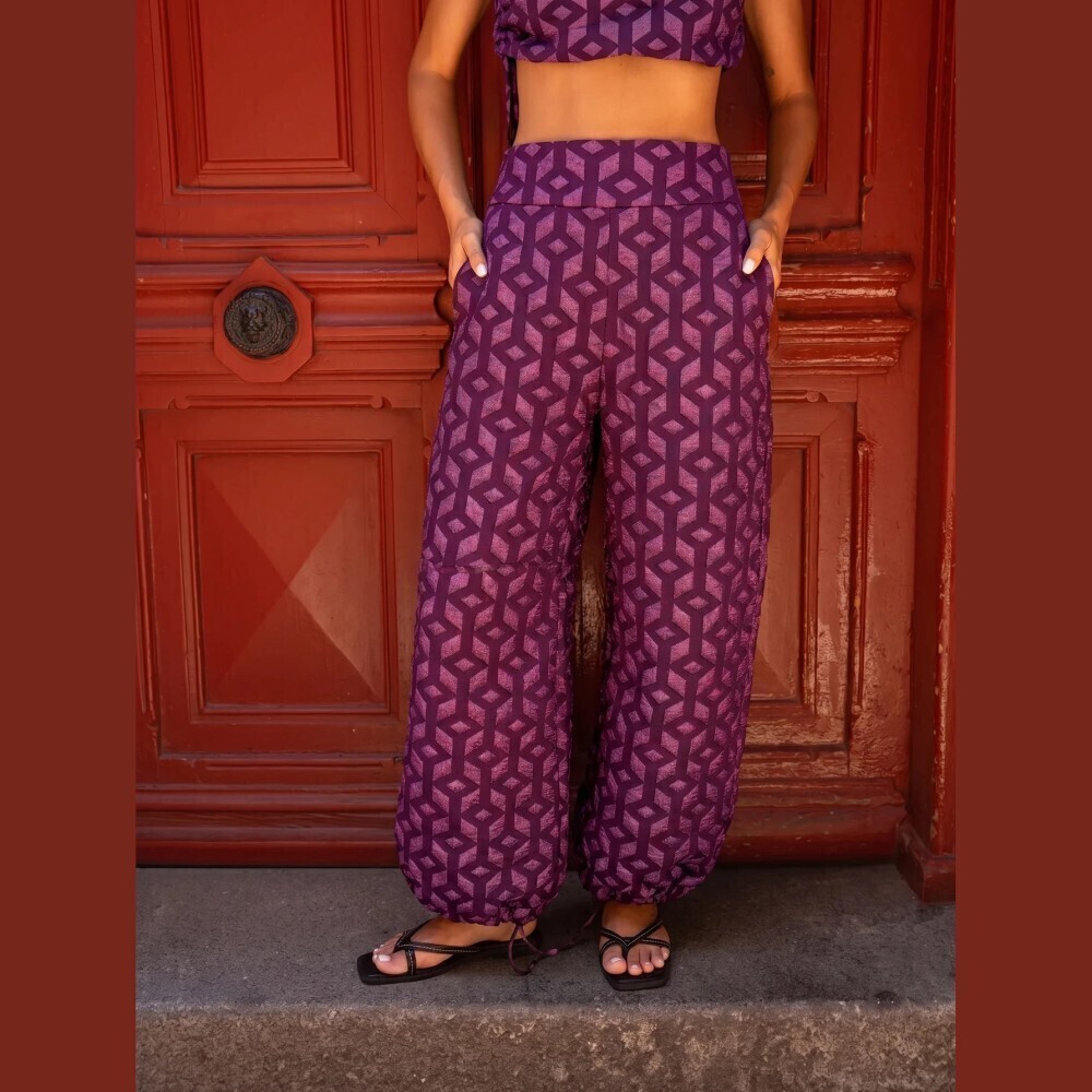 Purple Geometric Print High Waist Cinched Ankle Harem Balloon Pants